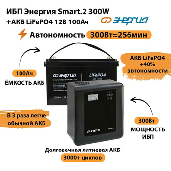 ИБП для котла Энергия Smart 2 300Вт + LiFePO4 Аккумулятор 12v 100Ah (300Вт - 256мин) - ИБП и АКБ - ИБП Энергия - ИБП для котлов отопления - . Магазин оборудования для автономного и резервного электропитания Ekosolar.ru в Протвино