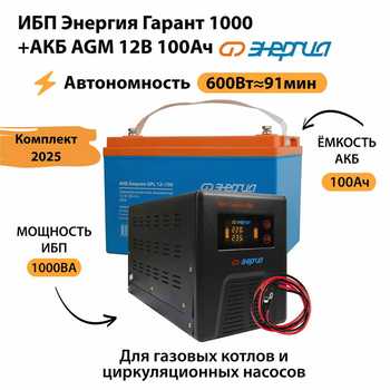 ИБП для котла Энергия Гарант 1000 + Аккумулятор 100 Ач 12 В (600Вт - 91мин) - ИБП и АКБ - ИБП для котлов - . Магазин оборудования для автономного и резервного электропитания Ekosolar.ru в Протвино