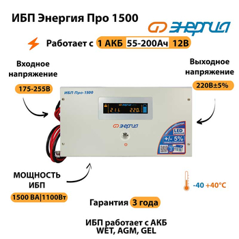 Энергия ИБП Про 1500 12В - ИБП и АКБ - ИБП для котлов - . Магазин оборудования для автономного и резервного электропитания Ekosolar.ru в Протвино